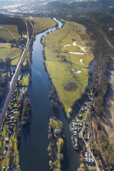 Aerial view, Steger campsite, Ruhr river, Ruhr island, Ruhrauen nature reserve, Bommern, Witten,