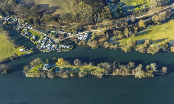 Aerial view, Steger campsite, Ruhr river, Ruhr island, Bommern, Witten, Ennepe-Ruhr district, Ruhr
