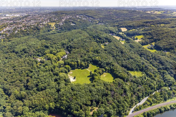 Aerial view, excursion destination Hohenstein, Hotel Haus Hohenstein, mountain monument, river