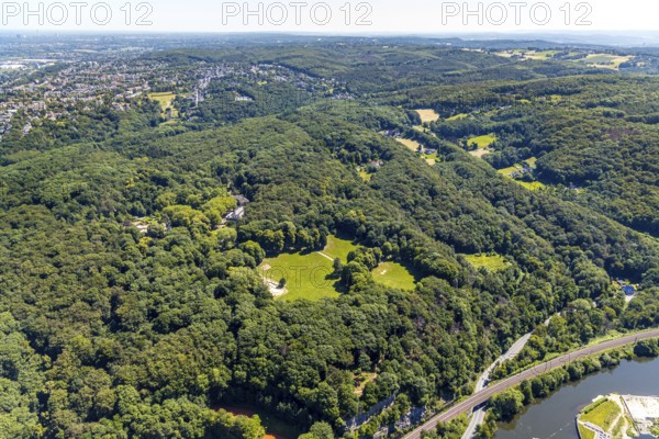 Aerial view, excursion destination Hohenstein, Hotel Haus Hohenstein, mountain monument, river