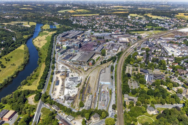 Aerial view, Deutsche Edelstahlwerke Witten, DEW, Ruhr river, Witten main railway station, view to