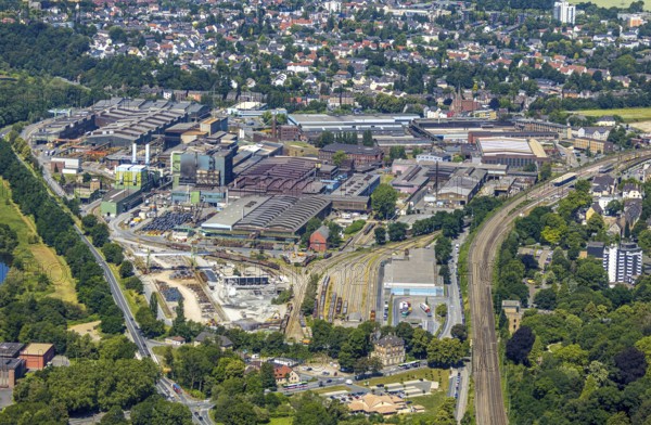 Aerial view, Deutsche Edelstahlwerke Witten, DEW, Ruhr river, Witten main railway station, view to