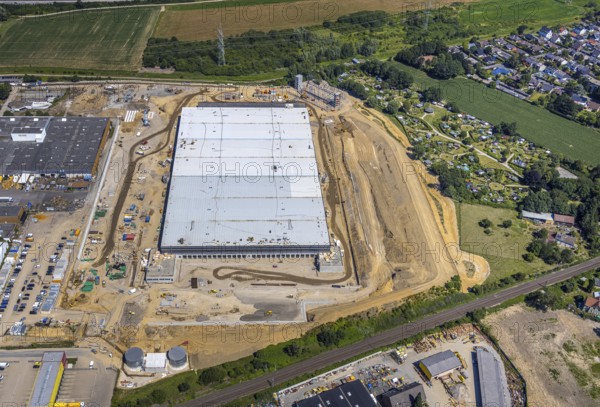 Aerial view, construction site of new Amazon logistics centre, industrial estate on Brauckstrasse,