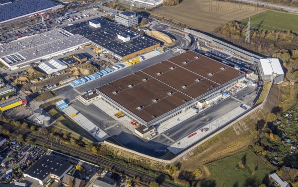 Aerial view, construction site of new Amazon logistics centre, industrial estate on Brauckstrasse,