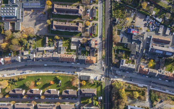 Aerial view, construction site Pferdebachstraße, railway crossing Ziegelstraße, planned S-Bahn
