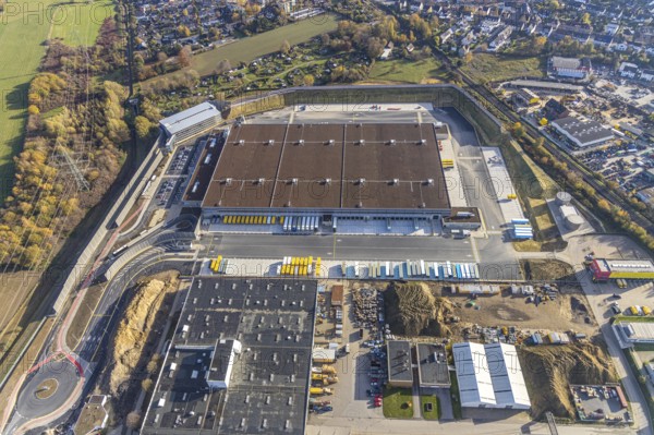 Aerial view, construction site of new Amazon logistics centre, industrial estate on Brauckstraße,