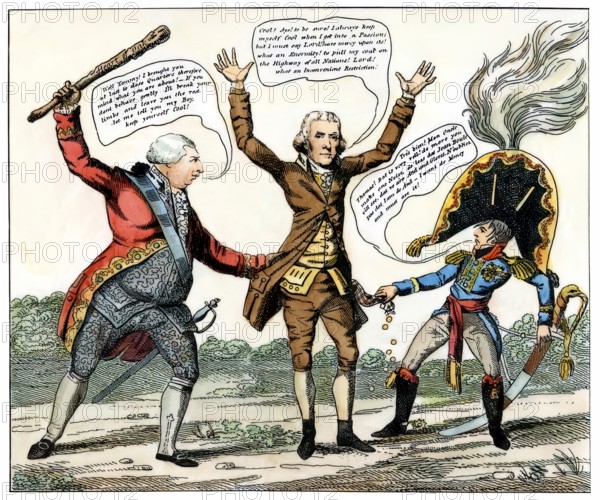 An Anti-Jefferson political cartoon on the Embargo Act in 1807, Jefferson is robbed by England and