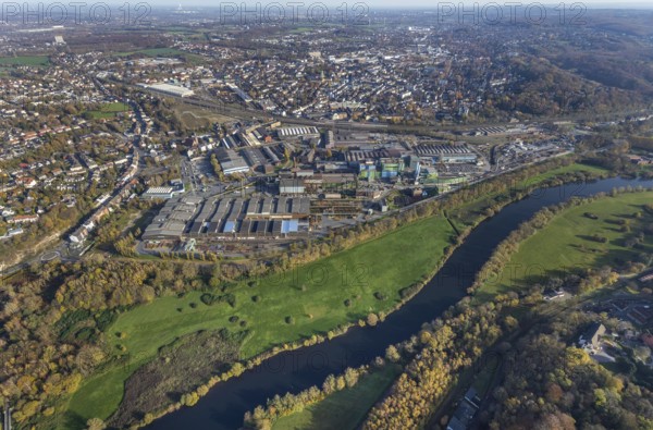 Aerial view, Deutsche Edelstahlwerke, river Ruhr, view of Witten, Ruhr area, North