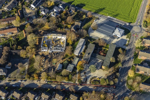Aerial view, construction site of new double gymnasium, Jahnstraße. Neukirchen, Neukirchen-Vluyn,