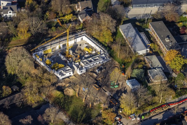 Aerial view, construction site of new double gymnasium, Jahnstraße. Neukirchen, Neukirchen-Vluyn,