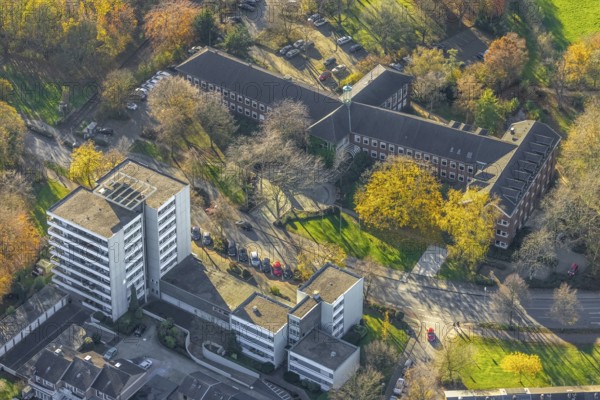 Aerial view, town hall Neukirchen-Vluyn, Hans-Böckler-Straße, high-rise residential building,