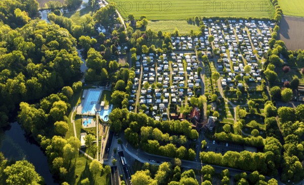Aerial view, campsite Münster, open-air swimming pool Stapelskotten, Laerer Werseufer, Münster,