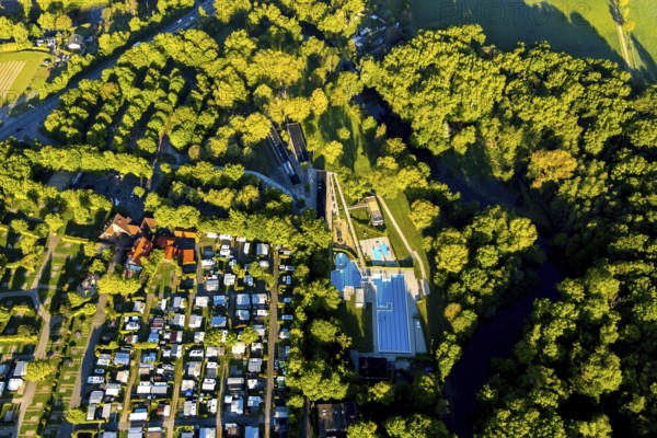 Aerial view, campsite Münster, open-air swimming pool Stapelskotten, Laerer Werseufer, Münster,