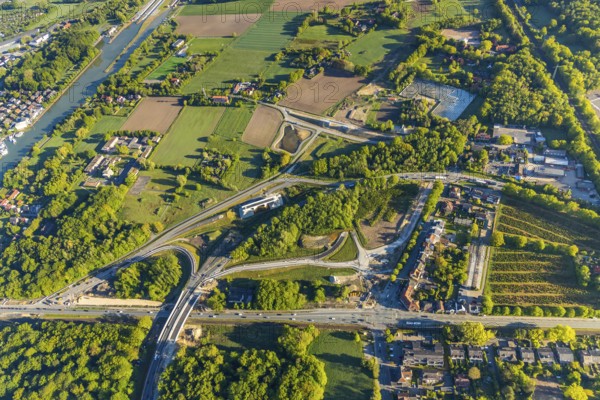Aerial photo, new bridge construction, expansion of federal road B51, new construction of federal