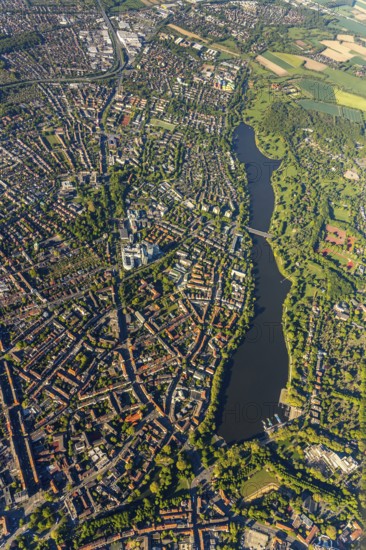 Aerial view, Aasee, Allwetterzoo, river Münstersche Aa, Münster, Münsterland, North