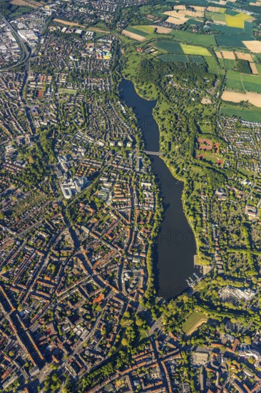 Aerial view, Aasee, Allwetterzoo, river Münstersche Aa, Münster, Münsterland, North