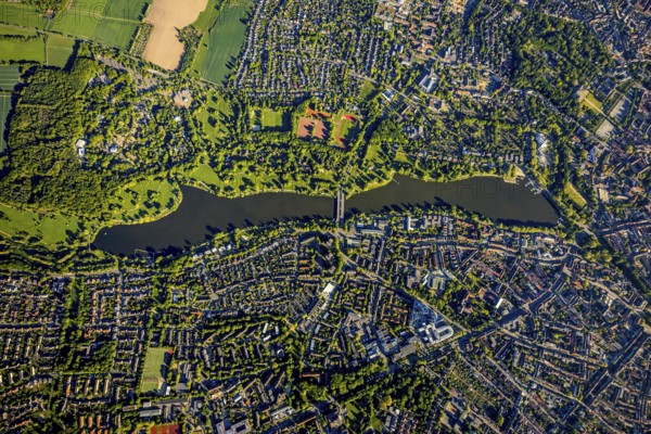 Aerial view, Aasee, Allwetterzoo, river Münstersche Aa, Münster, Münsterland, North