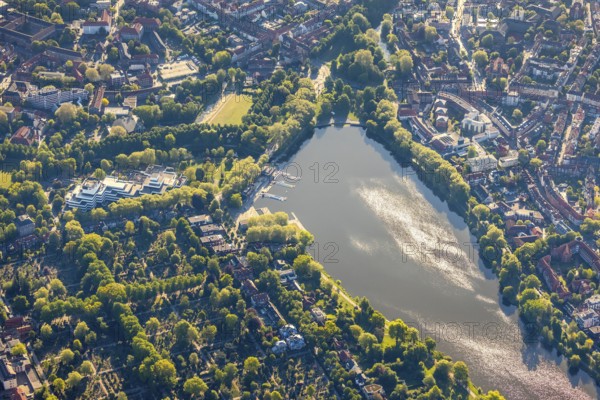 Aerial photo, Aasee, Allwetterzoo, river Münstersche Aa, LBS Westdeutsche Landesbausparkasse,