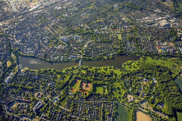 Aerial view, Aasee, Allwetterzoo, river Münstersche Aa, Münster, Münsterland, North