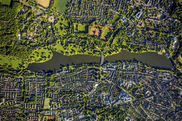 Aerial view, Aasee, Allwetterzoo, river Münstersche Aa, Münster, Münsterland, North