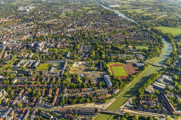 Aerial view, view of St. Mauritz, construction site of new Mathilde-Anneke comprehensive school,