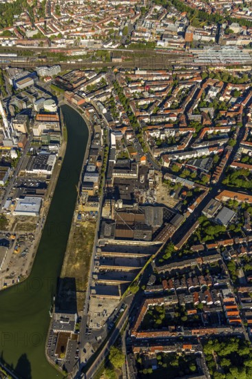 Aerial view, city harbour, construction site new office building LVM building complex, former Osmo