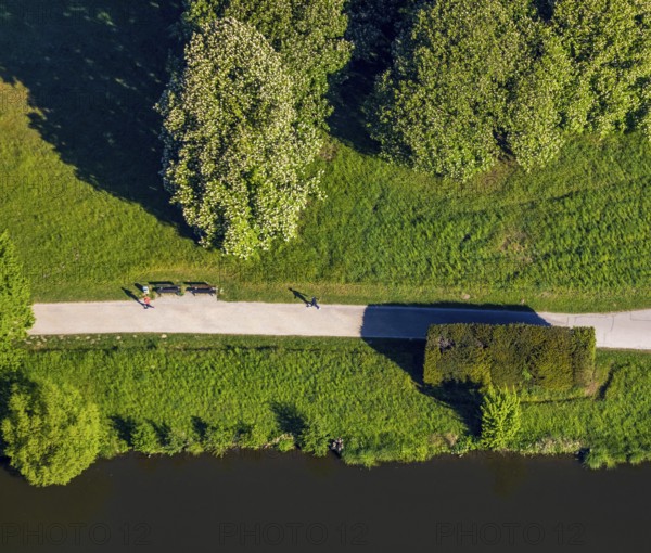 Aerial view, Less Wild Than Others, artwork in a meadow at Aasee, Münster, Münsterland, North