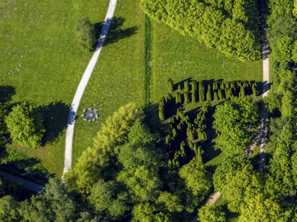 Aerial view, Wienburgpark, Münster, stone circle artwork, Münsterland, North Rhine-Westphalia,