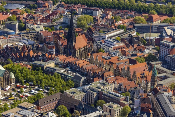 Aerial view, old town, Prinzipalmarkt, catholic St. Lamberti church, Münster, Münsterland, North