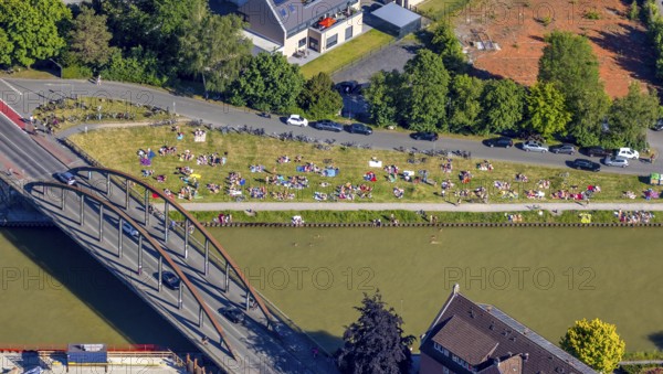 Aerial view, bathing at the canal, Dortmund-Ems canal, sunbathing lawn, sunbathing,