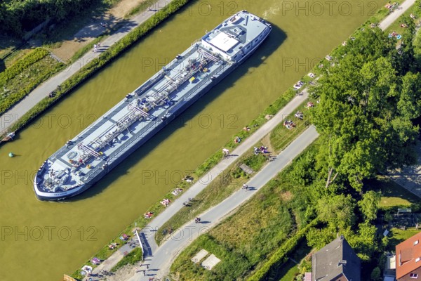 Aerial view, bathing at the canal, sunbathing lawn, shipping Dortmund-Ems-Kanal,