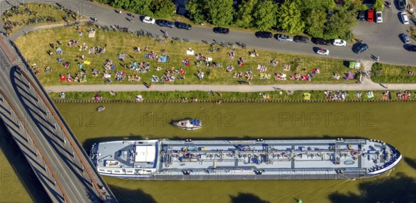 Aerial view, bathing at the canal, Dortmund-Ems canal, sunbathing lawn, sunbathing,