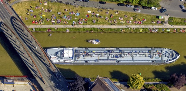 Aerial view, bathing at the canal, Dortmund-Ems canal, sunbathing lawn, sunbathing,