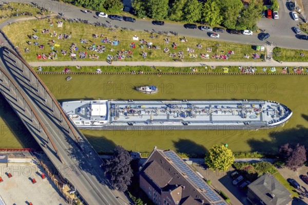 Aerial view, bathing at the canal, Dortmund-Ems canal, sunbathing lawn, sunbathing,