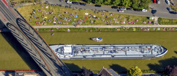 Aerial view, bathing at the canal, Dortmund-Ems canal, sunbathing lawn, sunbathing,
