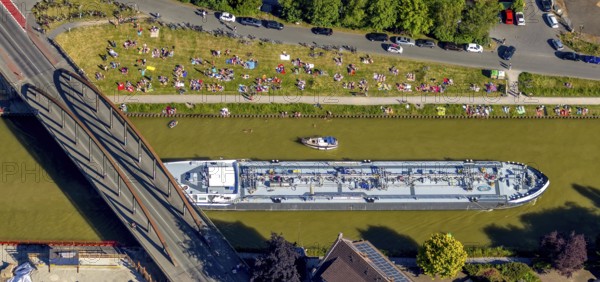 Aerial view, bathing at the canal, Dortmund-Ems canal, sunbathing lawn, sunbathing,