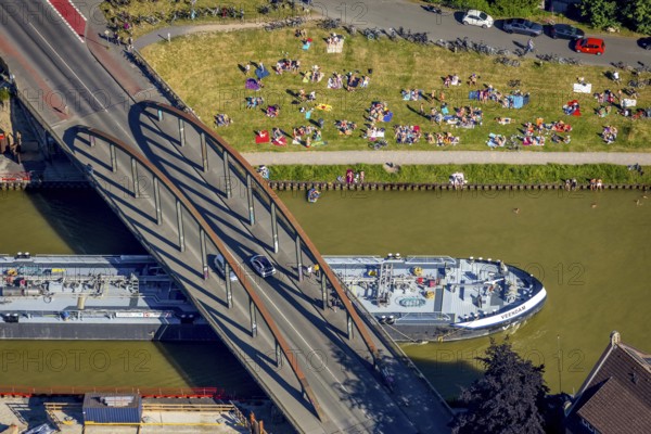 Aerial view, bathing at the canal, Dortmund-Ems canal, sunbathing lawn, sunbathing,