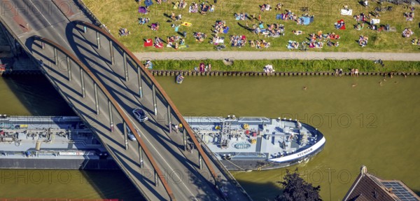 Aerial view, bathing at the canal, Dortmund-Ems canal, sunbathing lawn, sunbathing,