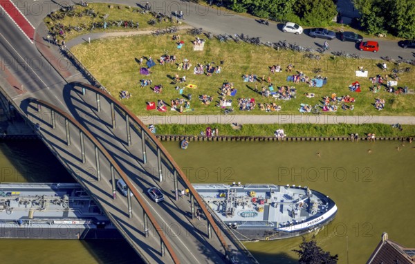 Aerial view, bathing at the canal, Dortmund-Ems canal, sunbathing lawn, sunbathing,
