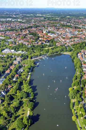 Aerial view, sailboats on the Aasee, old town view, Aasee Park, Münster, Münsterland, North