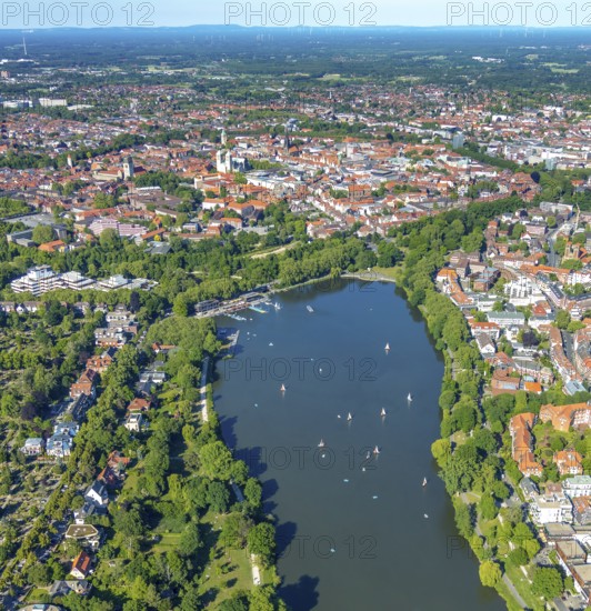 Aerial view, sailboats on the Aasee, old town view, Aasee Park, Münster, Münsterland, North