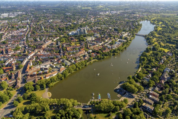 Aerial view, Aasee, Torminbrücke, sailing boats, overwater, Münster, Münsterland, North