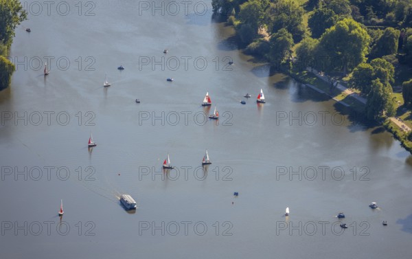 Aerial view, sailing boats on the Aasee, Münster, Münsterland, North Rhine-Westphalia, Germany,
