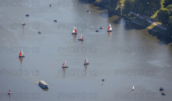 Aerial view, sailing boats on the Aasee, Münster, Münsterland, North Rhine-Westphalia, Germany,