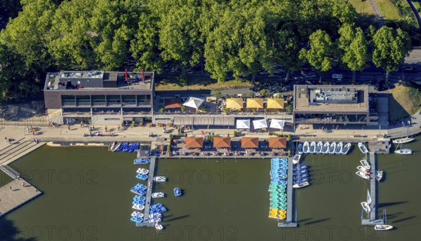 Aerial view, gastronomy at the Aasee, AASEE-AKTIV boats, sailing school Overschmidt, Pluggendorf,