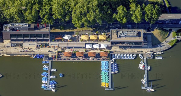 Aerial view, gastronomy at the Aasee, AASEE-AKTIV boats, sailing school Overschmidt, Pluggendorf,