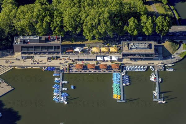 Aerial view, gastronomy at the Aasee, AASEE-AKTIV boats, sailing school Overschmidt, Pluggendorf,