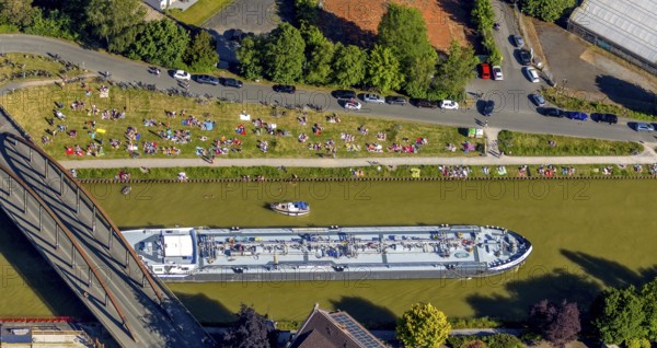 Aerial view, bathing at the canal, Dortmund-Ems canal, sunbathing lawn, sunbathing,