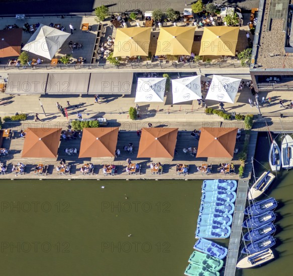 Aerial view, gastronomy at the Aasee, AASEE-AKTIV boats, sailing school Overschmidt, Pluggendorf,