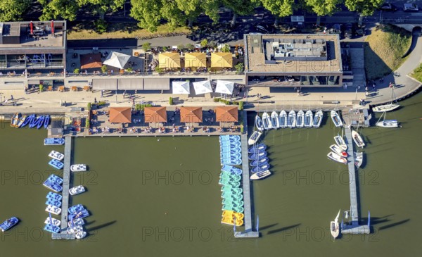Aerial view, gastronomy at the Aasee, AASEE-AKTIV boats, sailing school Overschmidt, Pluggendorf,